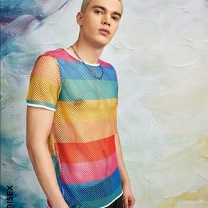 Mesh bathing suit cover rainbow T-shirt
